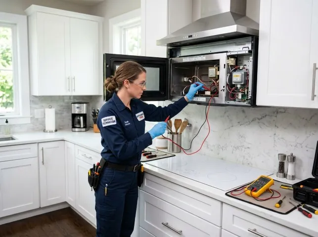 Appliance Repair Hero technician testing an over-the-range microwave in a Anaheim, CA kitchen